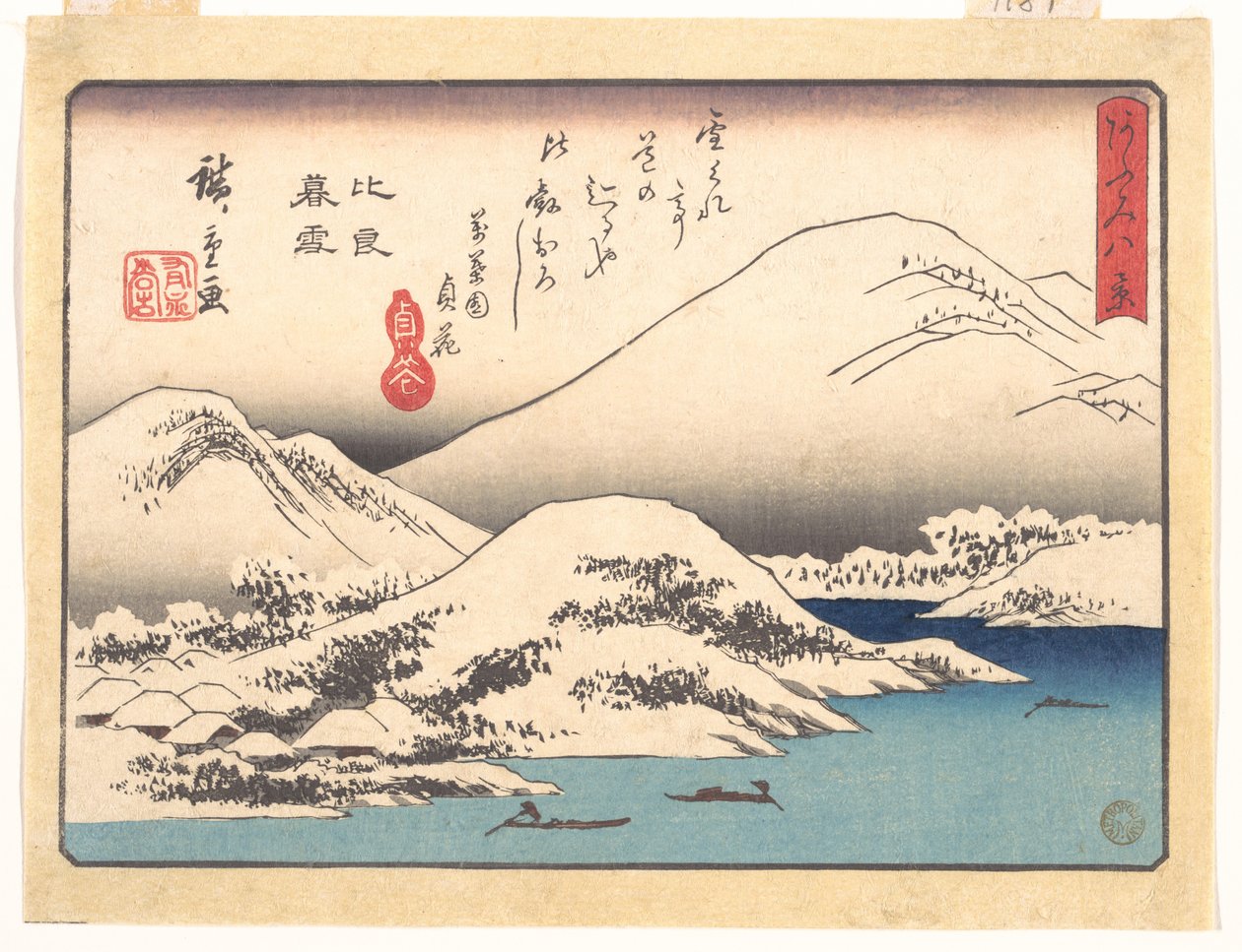 Avondsneeuw op de berg Hira, uit de serie Acht gezichten op Ōmi (Ōmi hakkei) door Utagawa Hiroshige