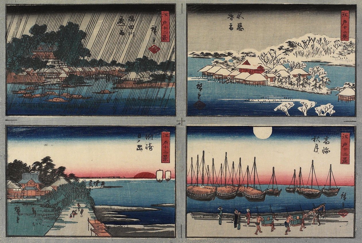Avondsneeuw bij Shinobazu, Herfstmaan bij Takanawa, Zonsopgang bij Susaki, Nachtregen bij Sumida Rivier, 1843-1847 door Utagawa Hiroshige