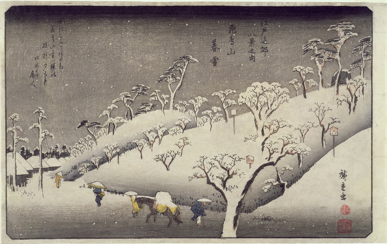 Avondsneeuw op de Asuka-berg, uit Acht Zichten van de Omgeving van Edo, ca. 1838 door Utagawa Hiroshige