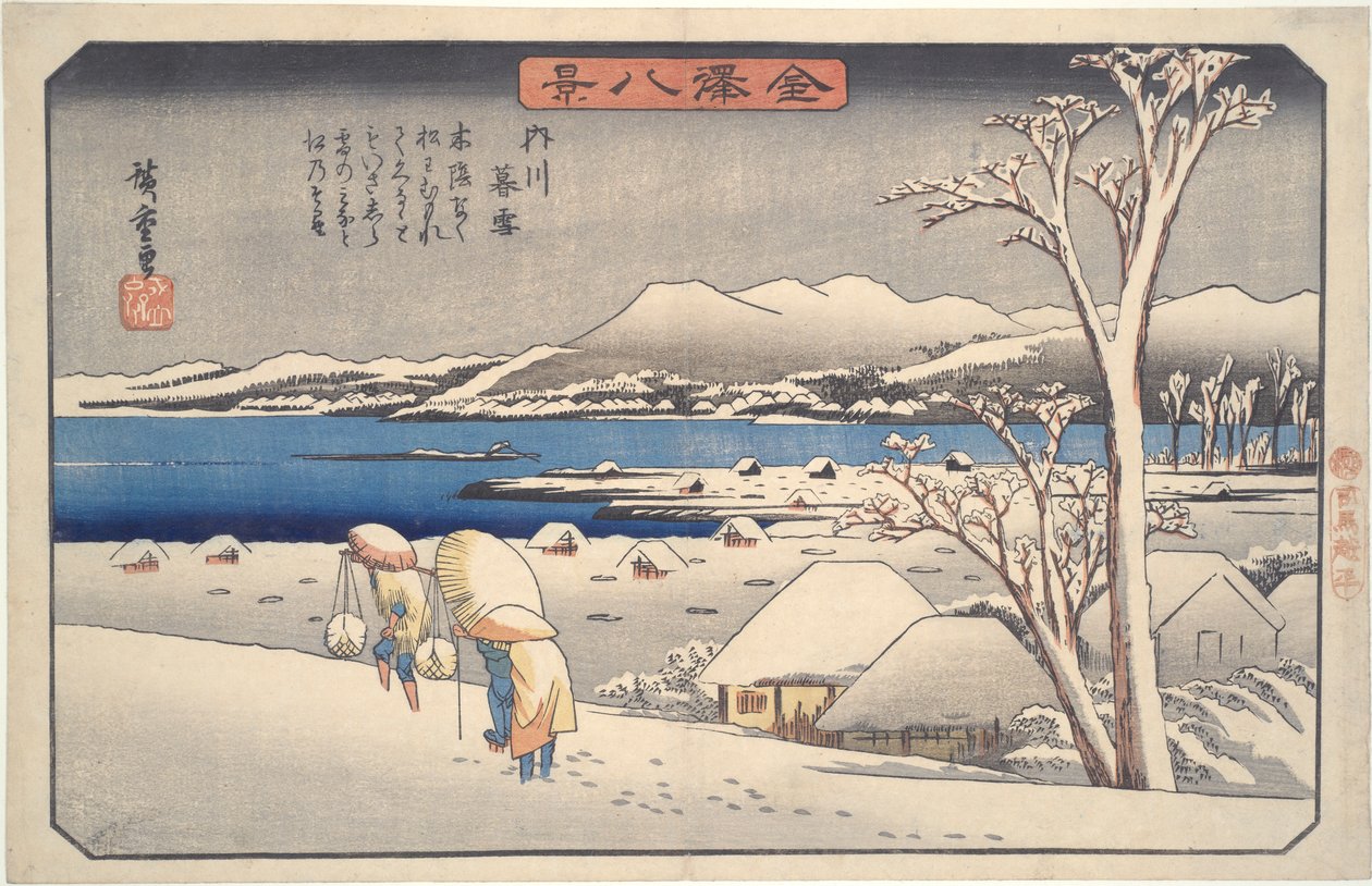 Avondsneeuw op de Uchikawa: De Acht Zichten van Kanazawa door Utagawa Hiroshige