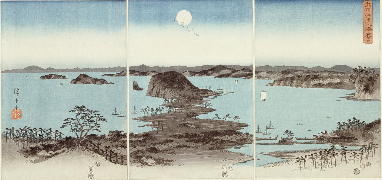 Avondzicht op Acht Beroemde Plaatsen in Kanazawa (Buyo Kanazawa hassho yakei) door Utagawa Hiroshige