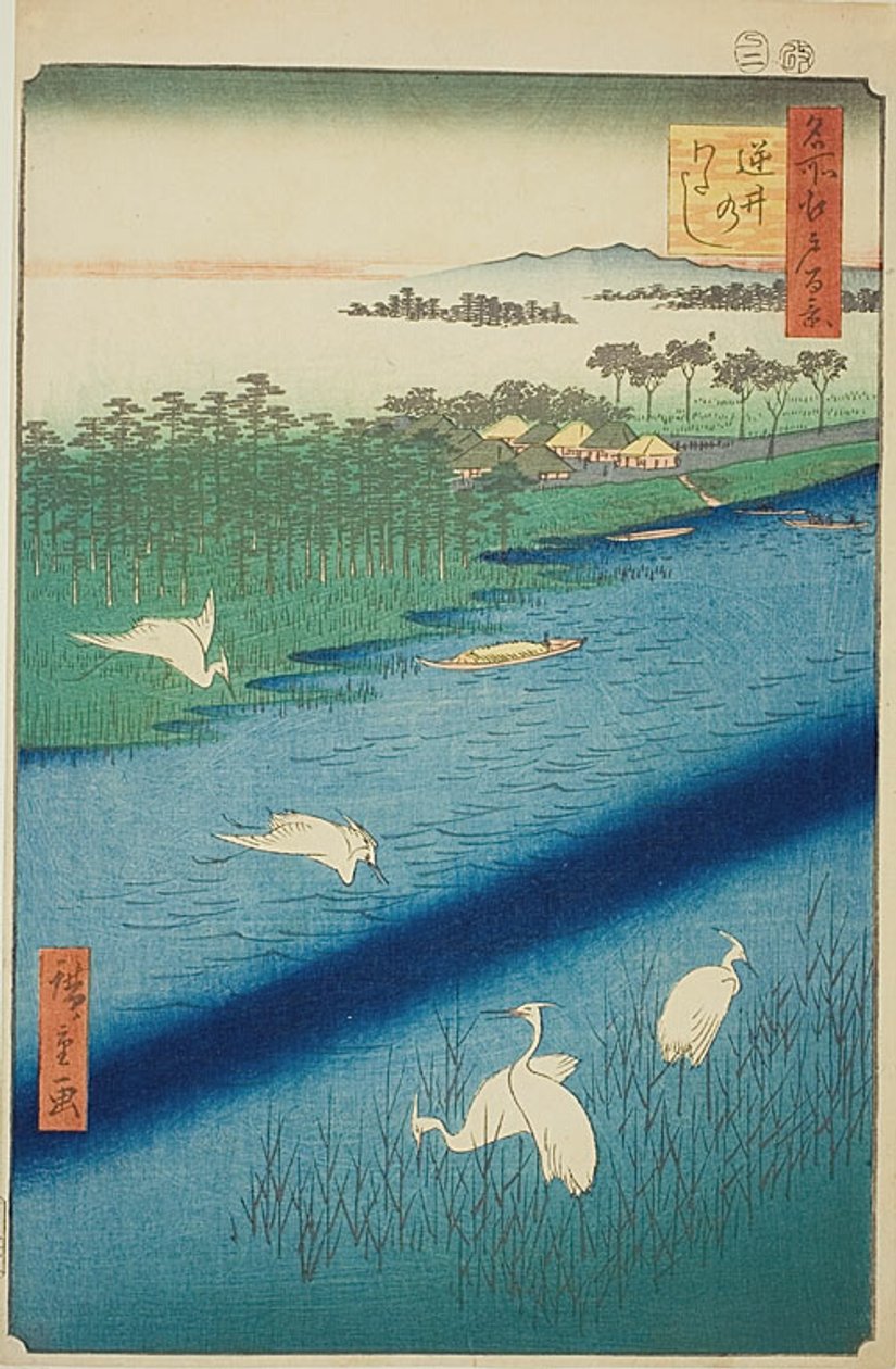 Oversteekplaats bij Sakasai (Sakasai no watashi), nr.67 uit de serie "Honderd beroemde gezichten op Edo (Meisho Edo hyakkei)". door Utagawa Hiroshige