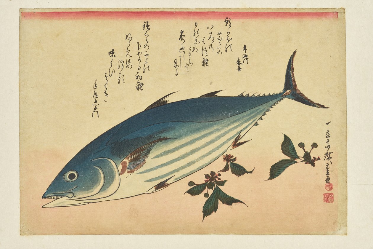 Visdruk: Bonito en kersen uit de serie „Een school vissen“ door Utagawa Hiroshige