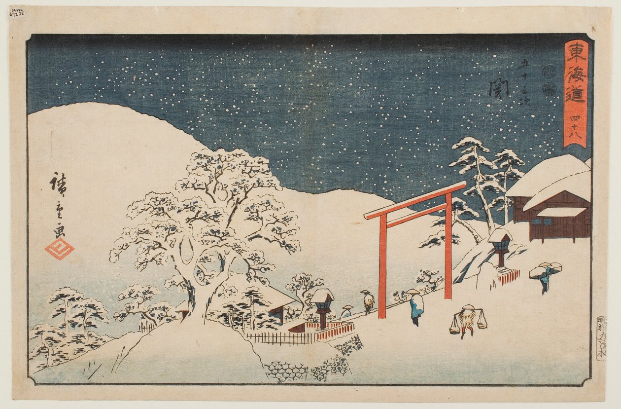 Achtenveertig: Seki, uit de serie „De drieënvijftig stations van de Tōkaidō“ door Utagawa Hiroshige