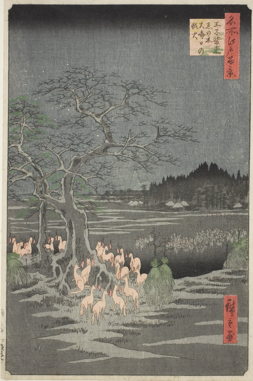 Vossenvuren op oudejaarsavond bij de veranderlijke boom in Oji (Oji shozoku enoki omisoka no kitsunebi), uit de serie "Honderd beroemde vergezichten van Edo (Meisho Edo hyakkei)". door Utagawa Hiroshige