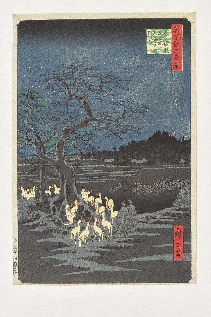 Vossenvuren in de nieuwjaarsnacht onder de enokiboom bij Ōji, uit de serie „Honderd beroemde gezichten op Edo” door Utagawa Hiroshige