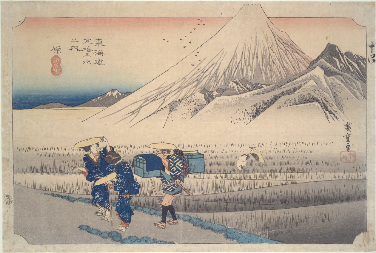 Fuji in de ochtend bij Hara, uit de serie Drieënvijftig Stations van de Tokaido door Utagawa Hiroshige