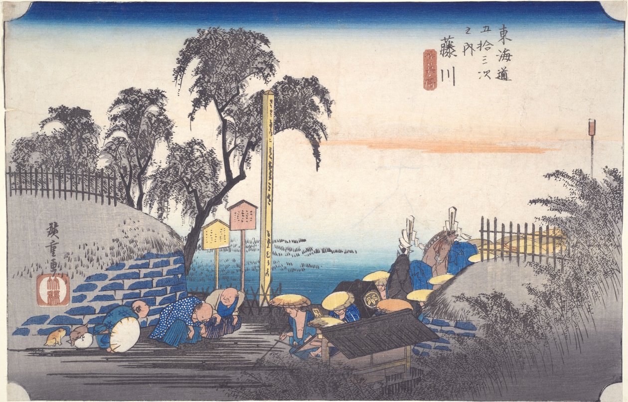 Fujikawa, Taferel aan de rand van Post, uit de serie „De drieënvijftig stations van de Tōkaidō“ door Utagawa Hiroshige