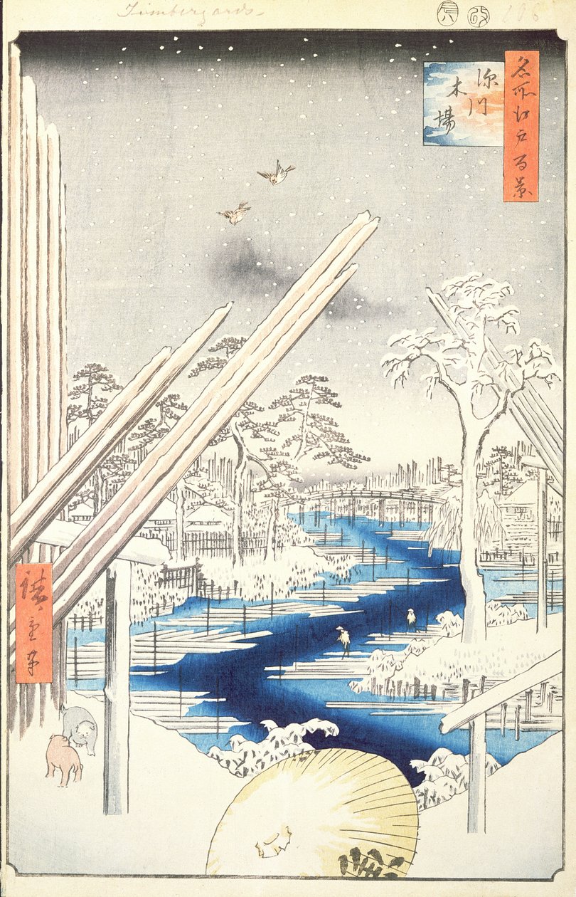 Fukagawa Houthandel, nr. 106 uit Honderd beroemde Zichten van Edo, 1856 door Utagawa Hiroshige