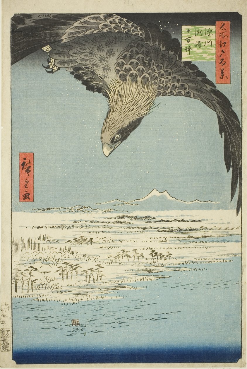 Fukagawa Susaki en Jumantsubo (Fukagawa Susaki Jumantsubo), uit de serie "Honderd Beroemde Zichten van Edo (Meisho Edo hyakkei)" door Utagawa Hiroshige