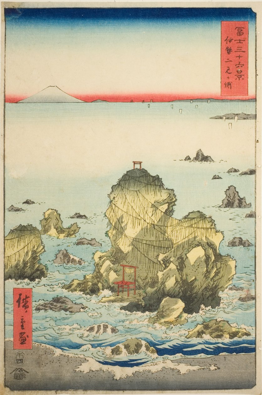 Futami-baai in de provincie Ise (Ise Futamigaura), uit de serie "Zesendertig Zichten op de berg Fuji (Fuji sanjurokkei)" door Utagawa Hiroshige