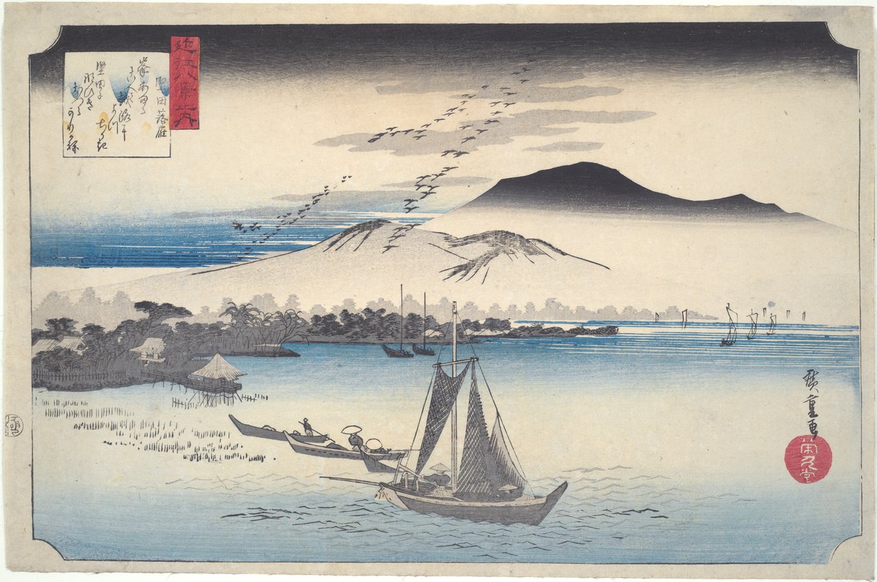 Ganzen dalen neer bij Katada: Acht Zichten van Omi door Utagawa Hiroshige