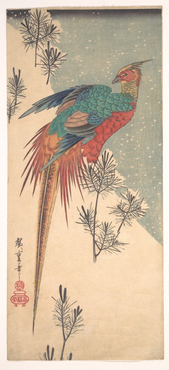 Goudfazant en dennenscheuten in de sneeuw door Utagawa Hiroshige