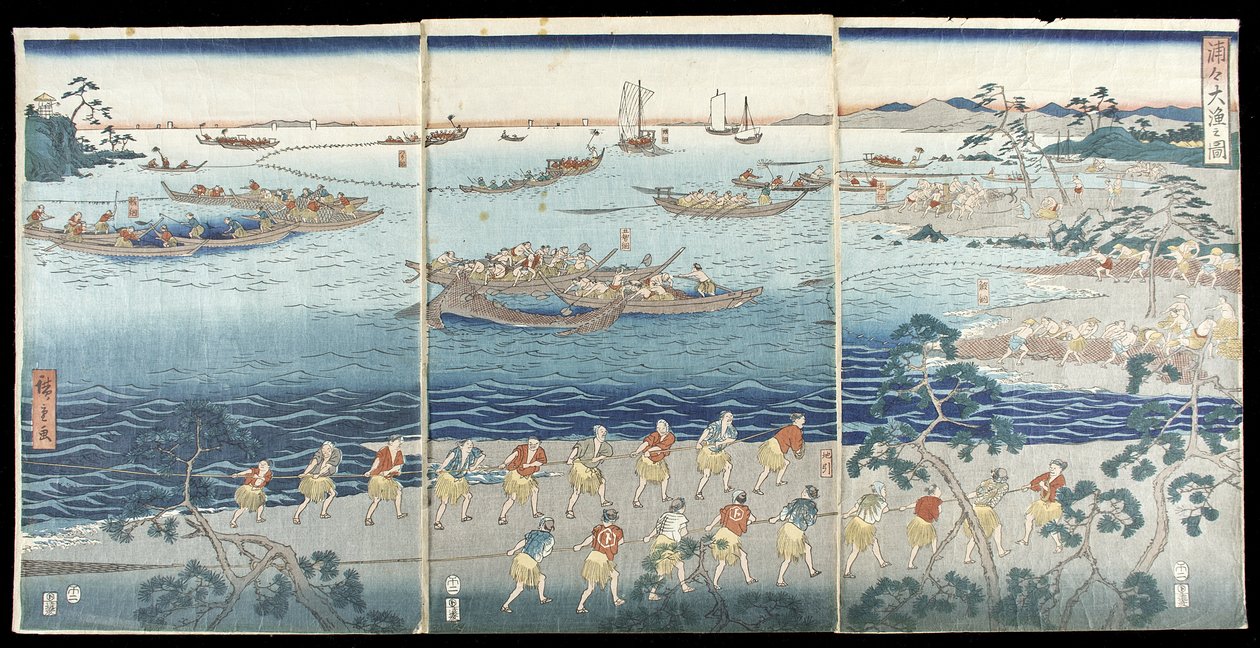 Prachtig tafereel van het vissen in de baai door Utagawa Hiroshige