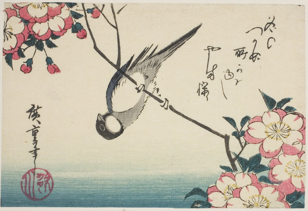 Koolmees op kersenbloesemtak door Utagawa Hiroshige