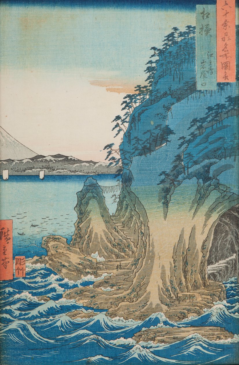 Grotten op het eiland Enoshima in de provincie Sagami / Sagami Enoshima Iwaya no kuchi, plaat 15 uit de serie: Gezichten op beroemde plaatsen in meer dan zestig provincies / Rokuju yoshu meisho zue door Utagawa Hiroshige