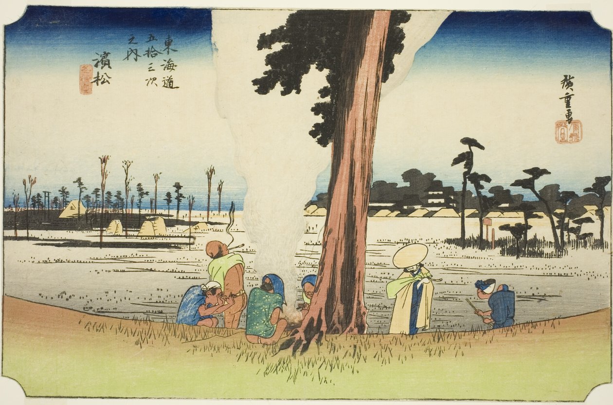 Hamamatsu: Winters tafereel, uit de serie "Drieënvijftig stations van de Tokaido," ook bekend als de Hoeido Tokaido door Utagawa Hiroshige