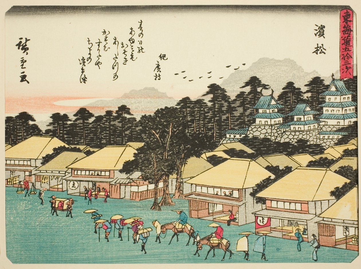 Hamamatsu, uit de serie "Drieënvijftig Stations van de Tokaido (Tokaido gojusan tsugi)," ook bekend als de Tokaido met Gedicht (Kyoka iri Tokaido) door Utagawa Hiroshige