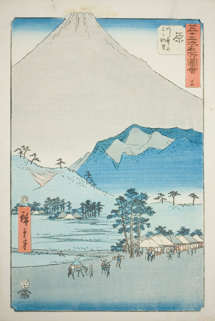Hara: Uitzicht op de Ashitaka-bergen en de berg Fuji, nr. 14 uit de serie "Beroemde bezienswaardigheden van de drieënvijftig stations," ook bekend als de Verticale Tokaido door Utagawa Hiroshige