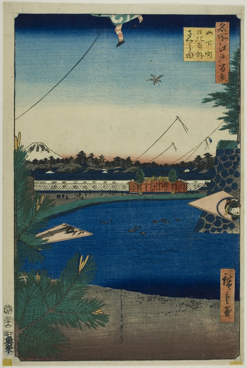 Hibiya en Soto-Sakurada van Yamashita-cho (Yamashita-cho Hibiya Soto-Sakurada), uit de serie "One Hundred Famous Views of Edo (Meisho Edo hyakkei)". door Utagawa Hiroshige