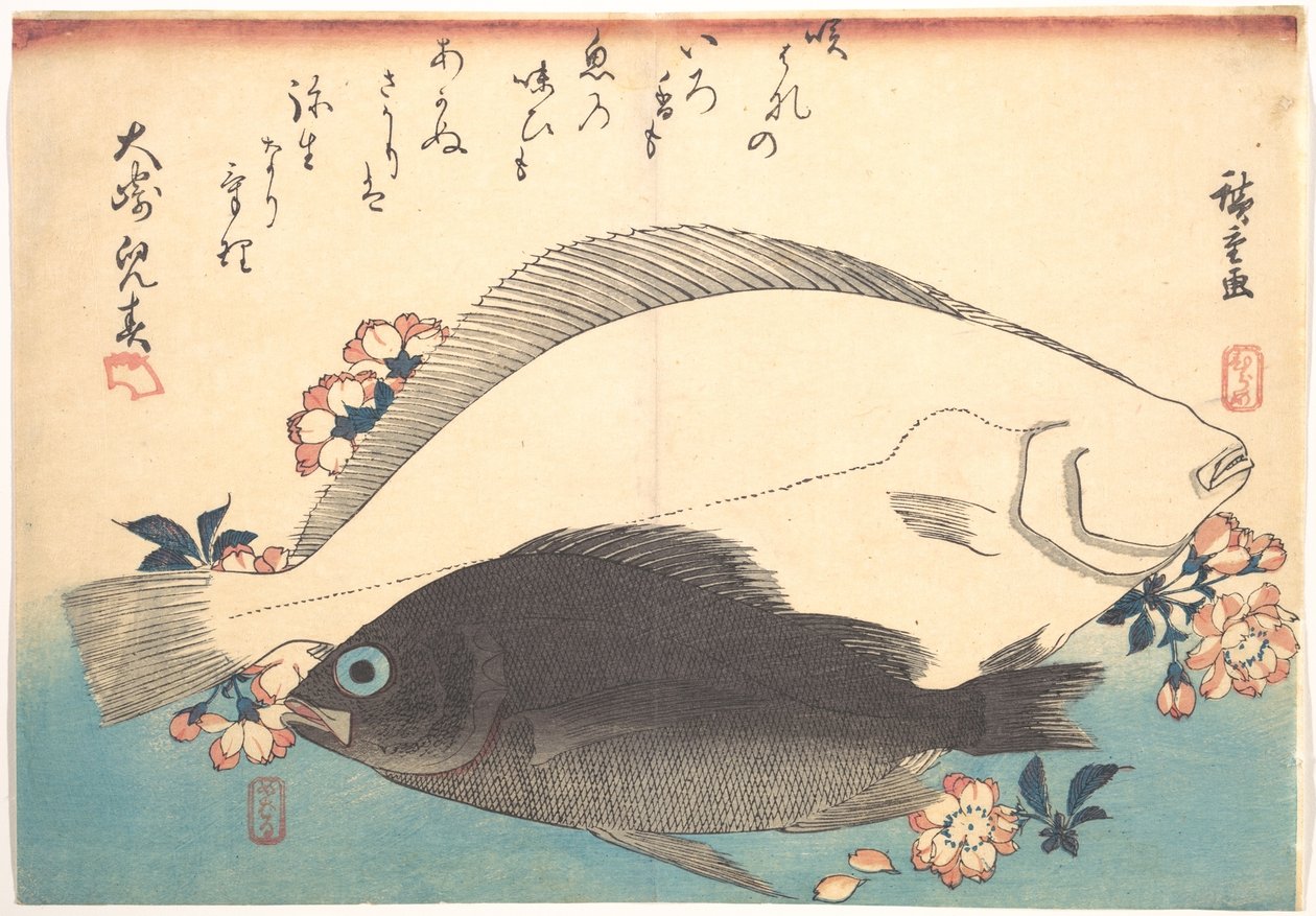 Hirame- en mebaru-vissen met kersenbloesem, uit de serie Uozukushi - Alle soorten vis door Utagawa Hiroshige