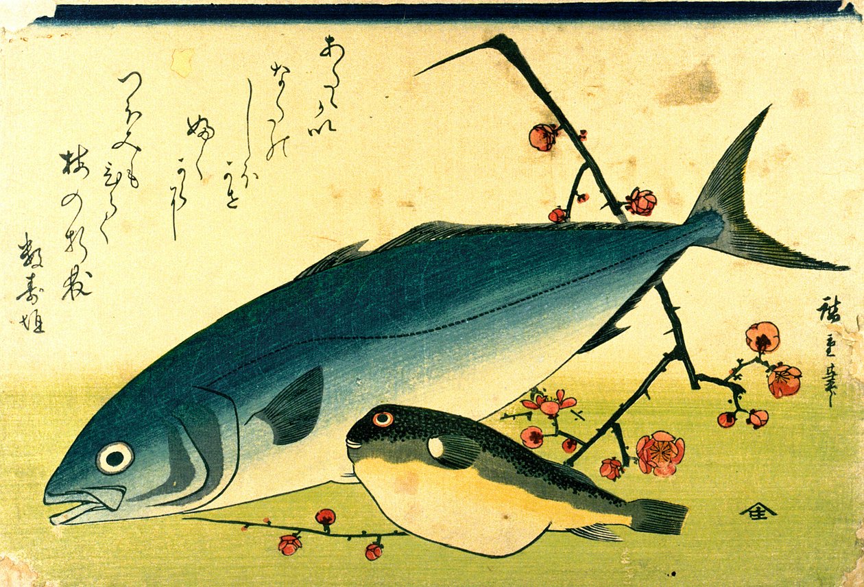 Hiroshige Een school vissen Fugu Yellowtail door Utagawa Hiroshige