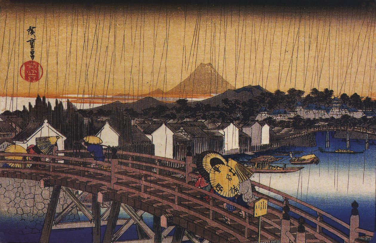 Hiroshige, Een brug in de regen door Utagawa Hiroshige