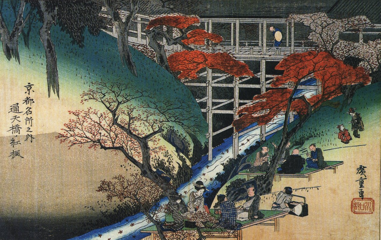 Hiroshige Mensen onder esdoorns bij een beekje door Utagawa Hiroshige