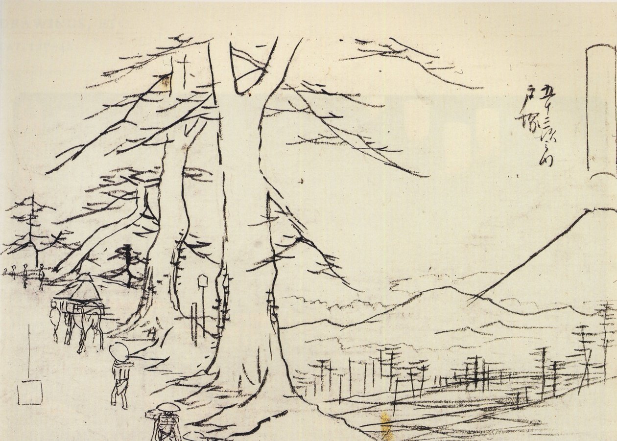 Hiroshige, Reizigers op een hellende weg door Utagawa Hiroshige