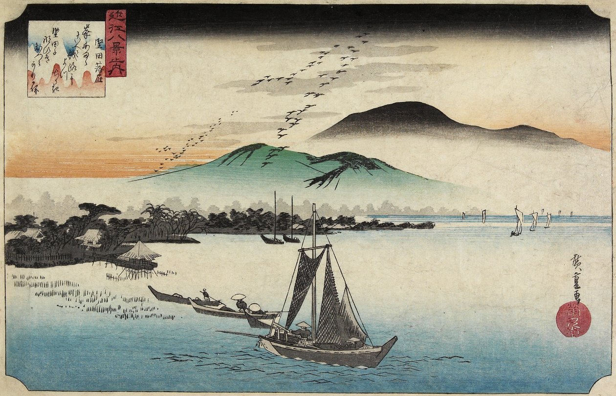 Homing Ganzen bij Katada, ca. 1834 door Utagawa Hiroshige