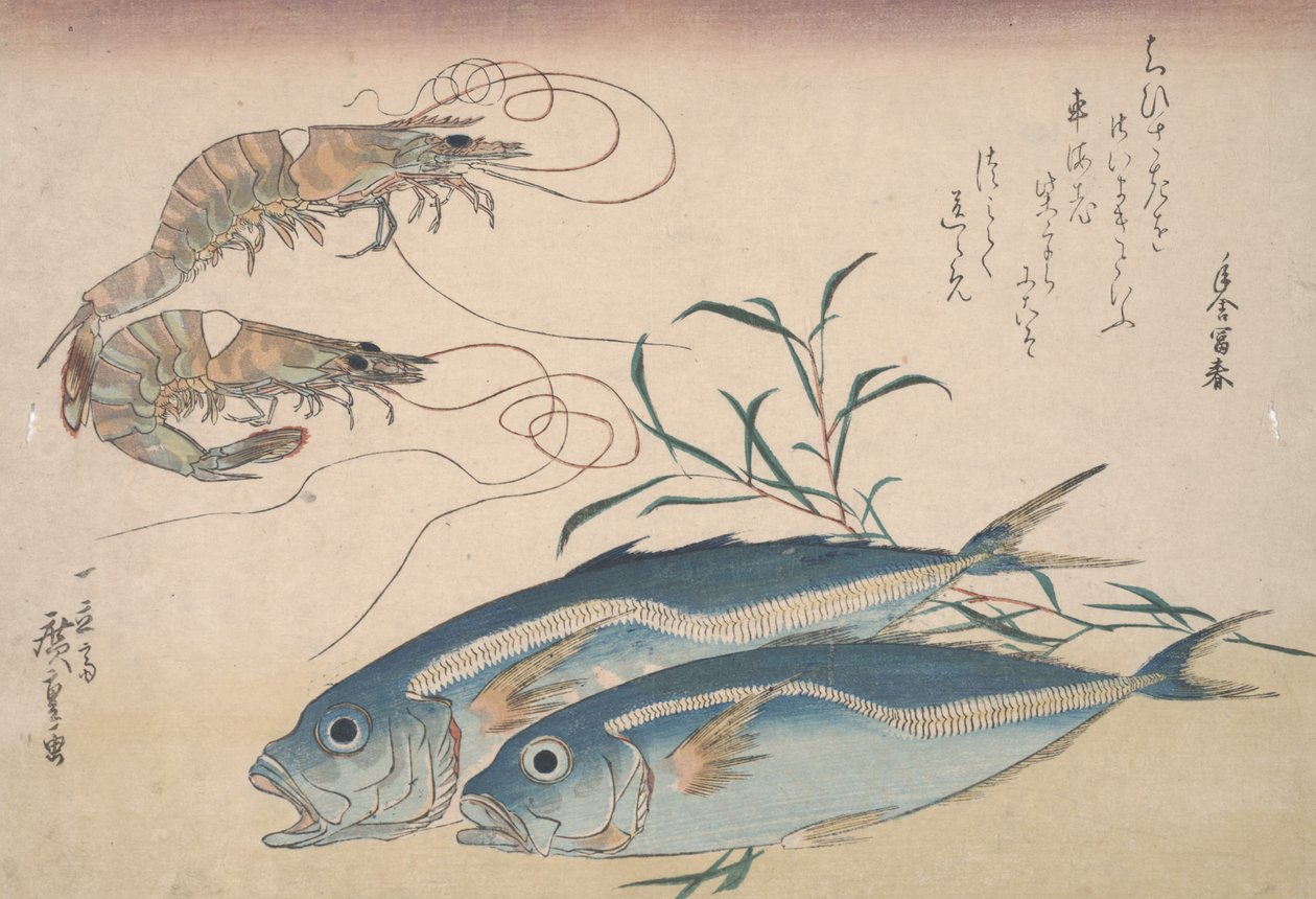 Horsmakreel, Zoetwatergarnalen en Zeewier door Utagawa Hiroshige