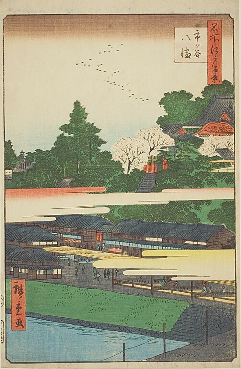 Ichigaya Hachiman Shrine (Ichigaya Hachiman), nr.41 uit de serie "One Hundred Famous Views of Edo (Meisho Edo hyakkei)". door Utagawa Hiroshige