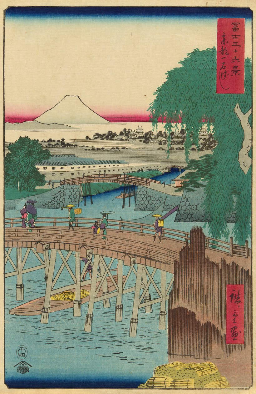 Ichikoku-brug in de oostelijke hoofdstad, uit de serie "Zesendertig uitzichten op de berg Fuji" door Utagawa Hiroshige