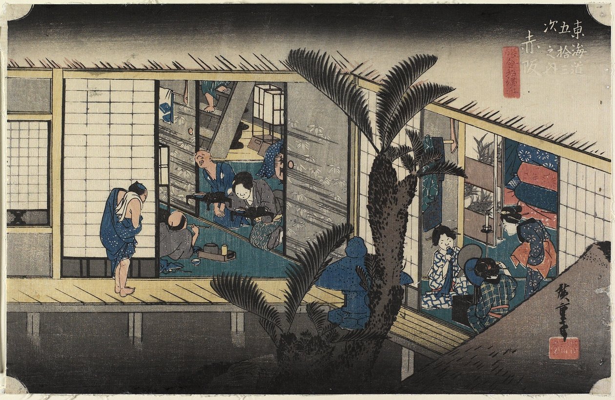Herberg met Bedienende Meiden, Akasaka door Utagawa Hiroshige