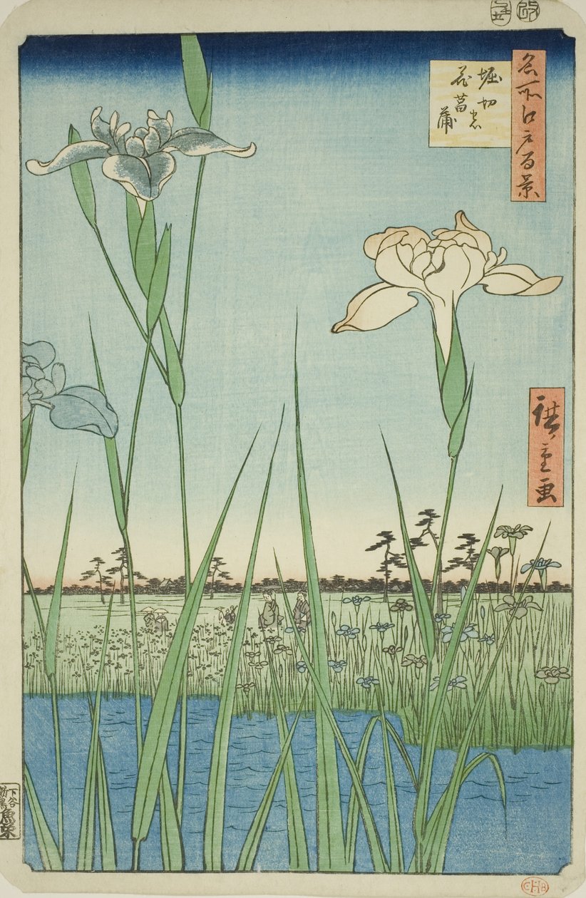 Iris bij Horikiri (Horikiri no hanashobu), uit de serie "Honderd beroemde uitzichten van Edo (Meisho Edo hyakkei)" door Utagawa Hiroshige