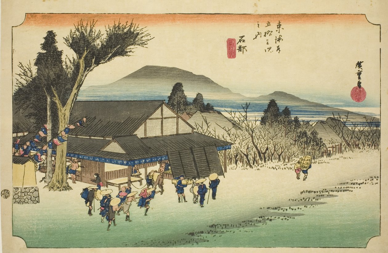 Ishibe: Megawa Village, uit de serie "Drieënvijftig Stations van de Tokaido" door Utagawa Hiroshige