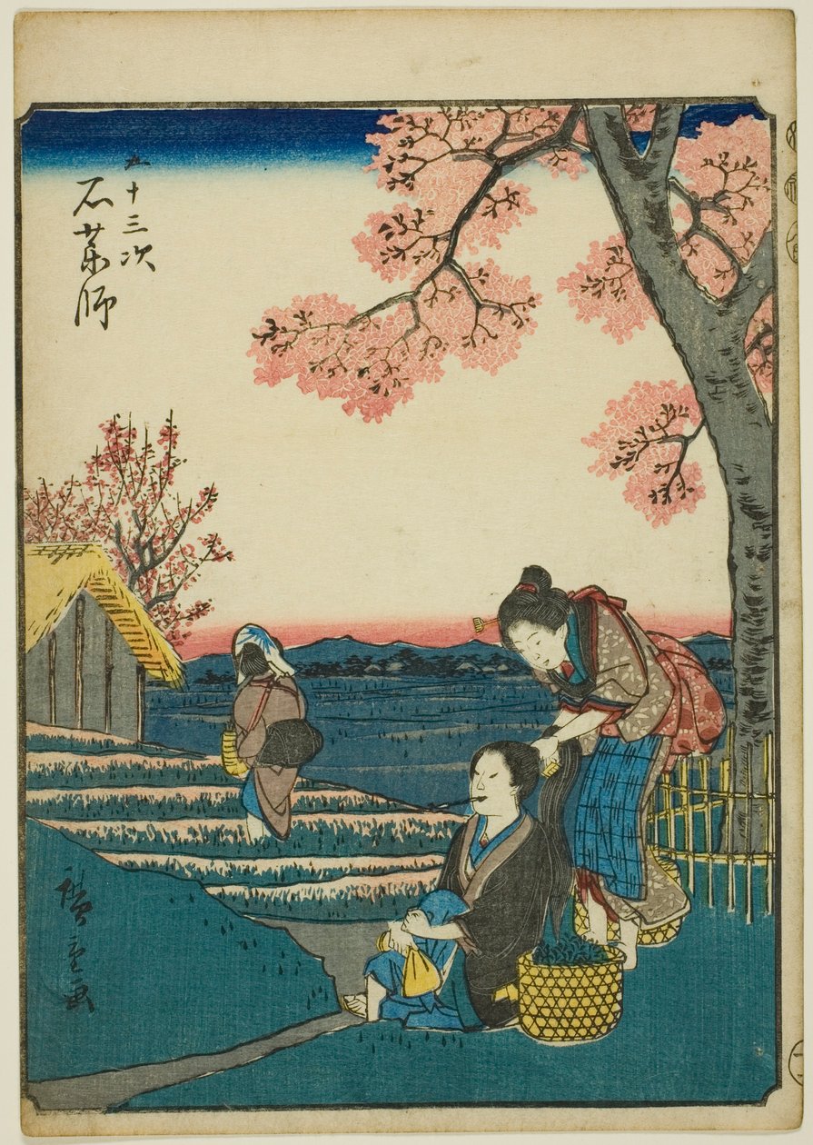 Ishiyakushi, uit de serie "Drieënvijftig Stations [van de Tokaido] (Gojusan tsugi)," ook bekend als de Figuren Tokaido (Jinbutsu Tokaido) door Utagawa Hiroshige