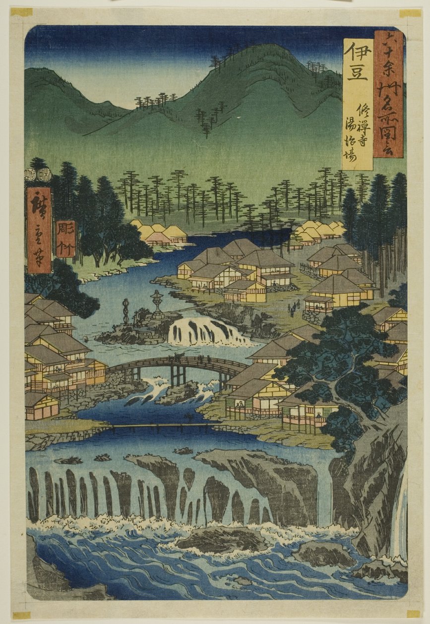 Provincie Izu: Hete bronnen van de Shuzen Tempel (Izu, Shuzenji tojiba), uit de serie "Beroemde plaatsen in de zestig provincies (Rokujuyoshu meisho zue)". door Utagawa Hiroshige