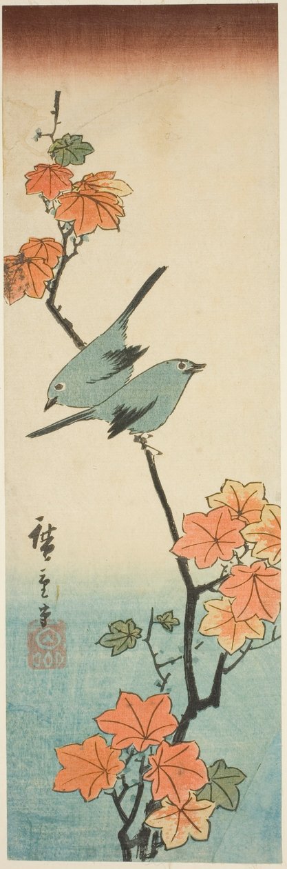 Japanse Witte Ogen op een Esdoorn Tak door Utagawa Hiroshige