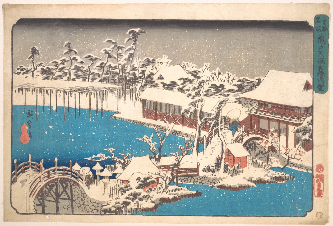 Sneeuw in het terrein van het Kameido Tenmangu-heiligdom door Utagawa Hiroshige