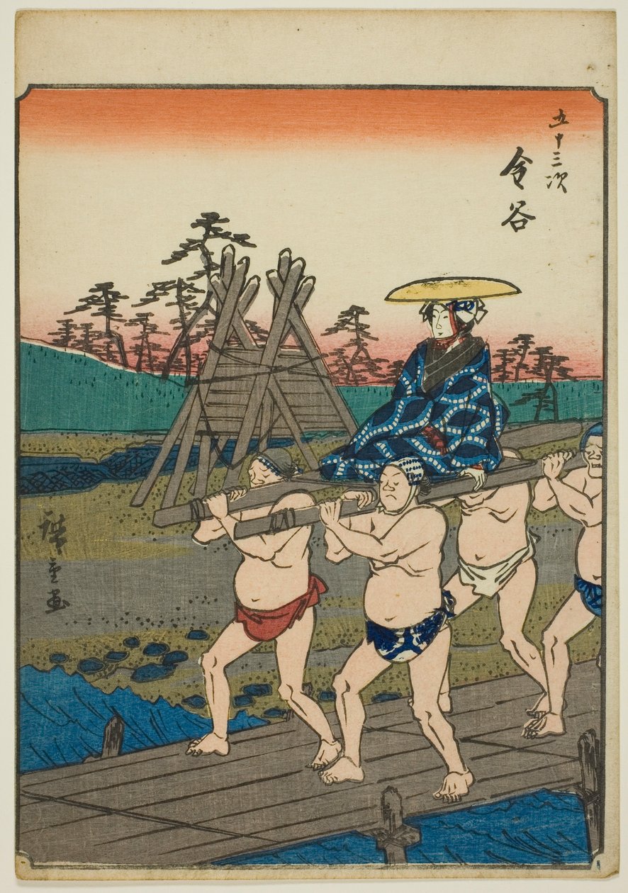 Kanaya, uit de serie "Drieënvijftig Stations [van de Tokaido]," ook bekend als de Figuren Tokaido door Utagawa Hiroshige
