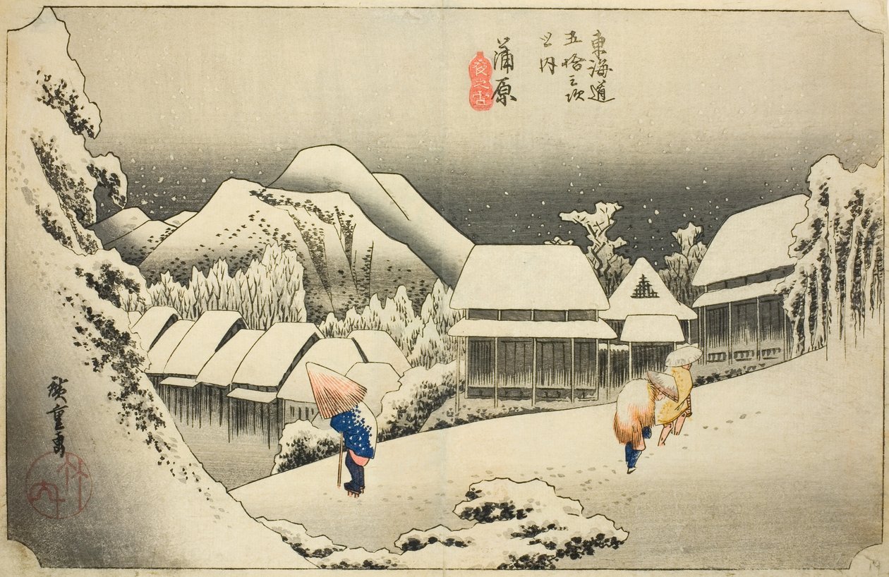Kanbara: Avondsneeuw (Kanbara, yoru no yuki), uit de serie "Drieënvijftig stations van de Tokaido (Tokaido gojusan tsugi no uchi)," ook bekend als de Hoeido Tokaido door Utagawa Hiroshige