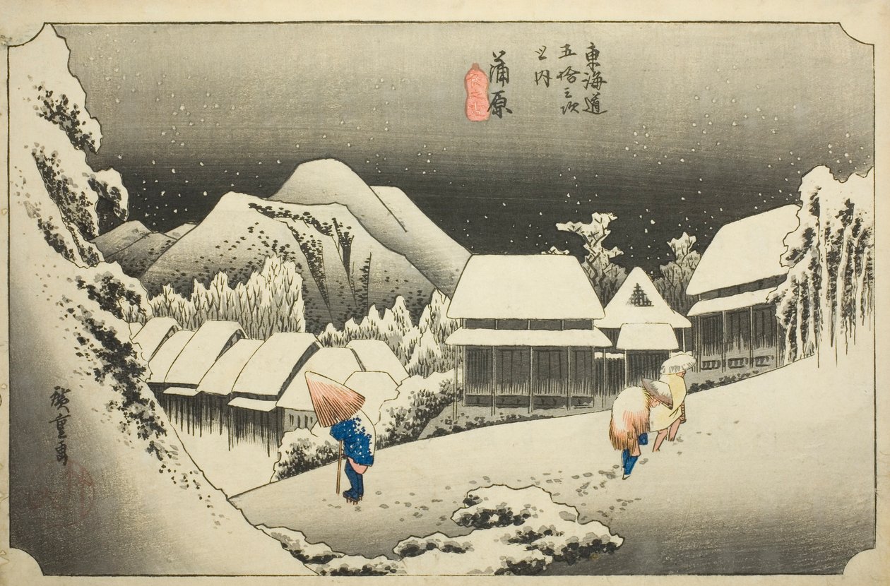 Kanbara: Avondsneeuw (Kanbara, yoru no yuki), uit de serie "Drieënvijftig stations van de Tokaido (Tokaido gojusan tsugi no uchi)," ook bekend als de Hoeido Tokaido door Utagawa Hiroshige