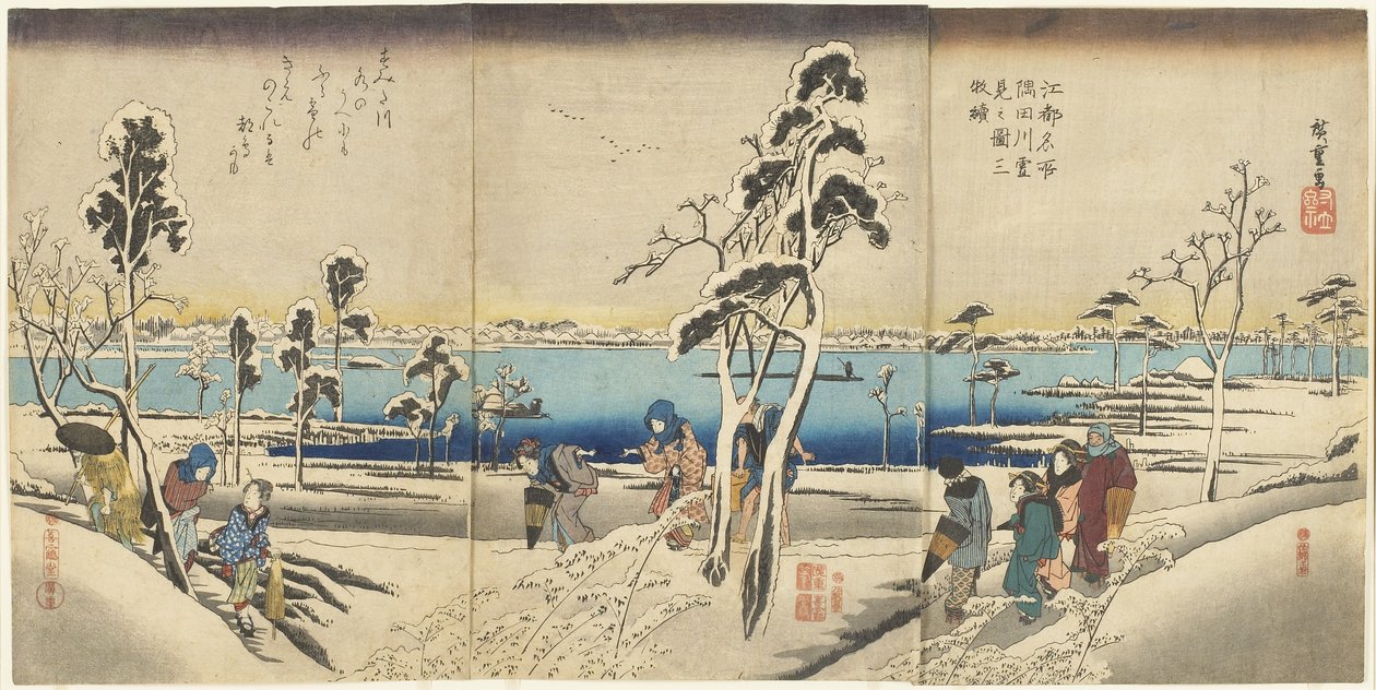 Koto meisho Sumida-gawa yuki-mi no zu san-mai tsuzuki door Utagawa Hiroshige