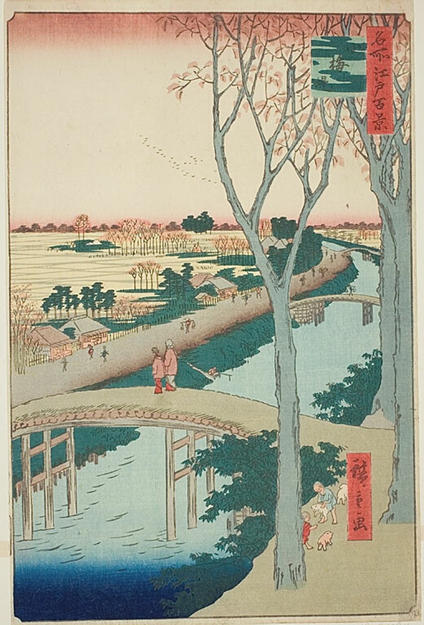Koume Embankment (Koumezutsumi), nr.104 uit de serie "Honderd beroemde vergezichten van Edo (Meisho Edo hyakkei)". door Utagawa Hiroshige