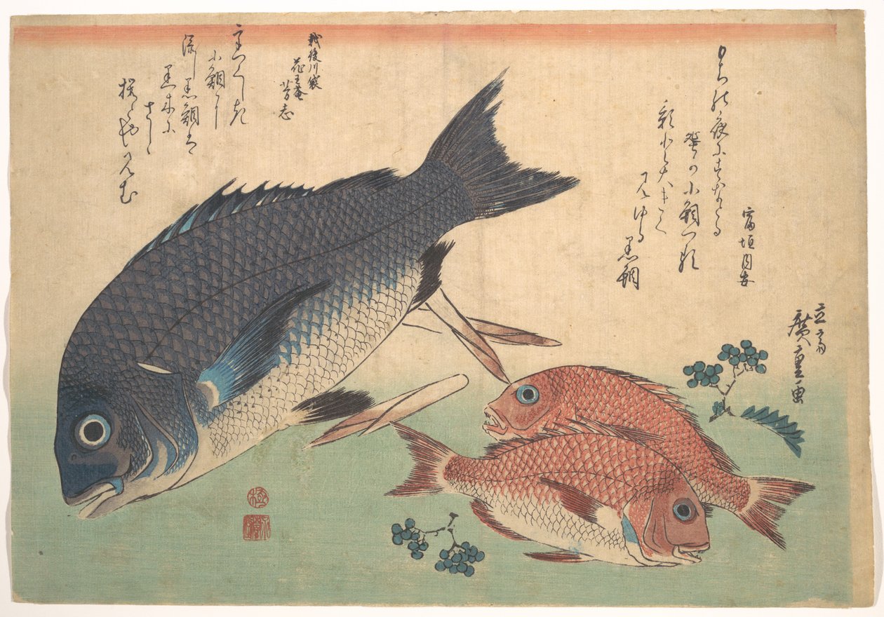 Kurodai en Kodai met bamboescheuten en bessen, uit de serie Uozukushi (Alle soorten vis) door Utagawa Hiroshige