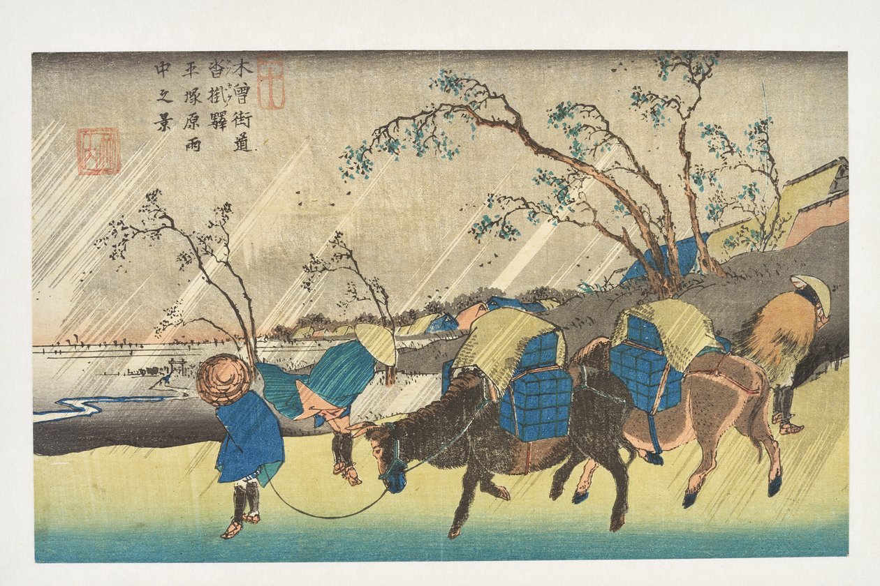 Kutsukake: Gezicht op de regen boven de vlakte van Hiratsuka, uit de serie “De 69 stations van de Kisokaidō” door Utagawa Hiroshige