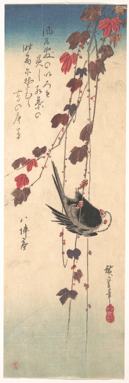 Langstaartmees op herfstklimop door Utagawa Hiroshige