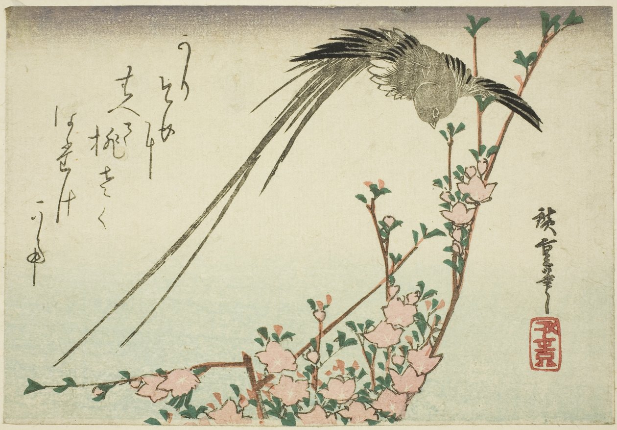 Langstaartvogel en Perzikbloesems door Utagawa Hiroshige