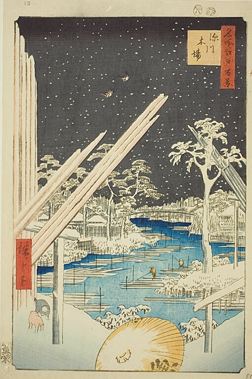 Houthakkers bij Fukagawa (Fukagawa kiba), met donkere lucht, nr.106 uit de serie "Honderd beroemde vergezichten van Edo (Meisho Edo hyakkei)". door Utagawa Hiroshige